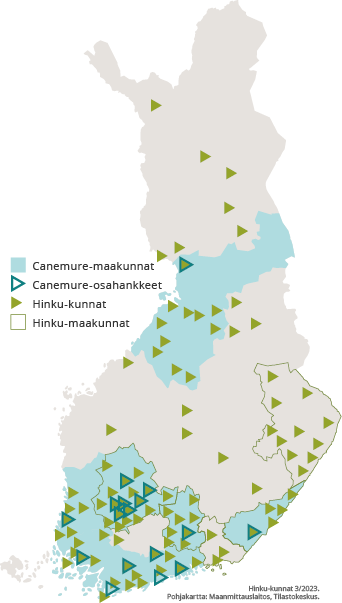 Canemure-maakunnat, Hinku-maakunnat, Hinku-kunnat ja Canemure-osahankkeet kartalla.